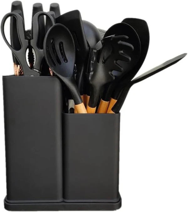 19-Piece Knife & Silicone Kitchen Utensil Set with Storage Bucket