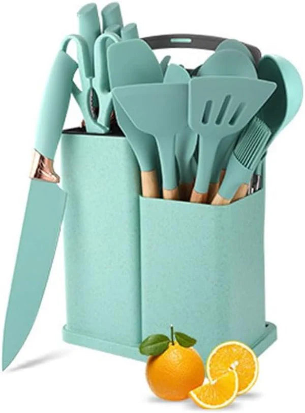 19-Piece Knife & Silicone Kitchen Utensil Set with Storage Bucket