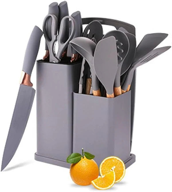 19-Piece Knife & Silicone Kitchen Utensil Set with Storage Bucket