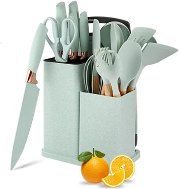 19-Piece Knife & Silicone Kitchen Utensil Set with Storage Bucket