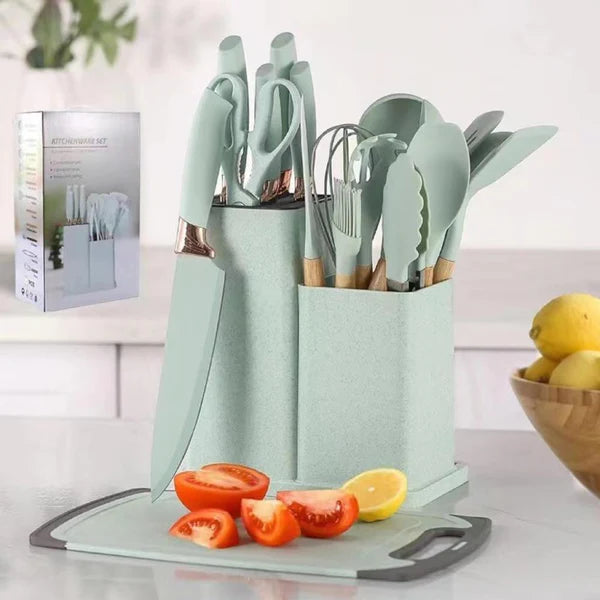 19-Piece Knife & Silicone Kitchen Utensil Set with Storage Bucket