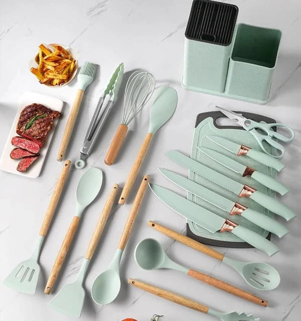 19-Piece Knife & Silicone Kitchen Utensil Set with Storage Bucket